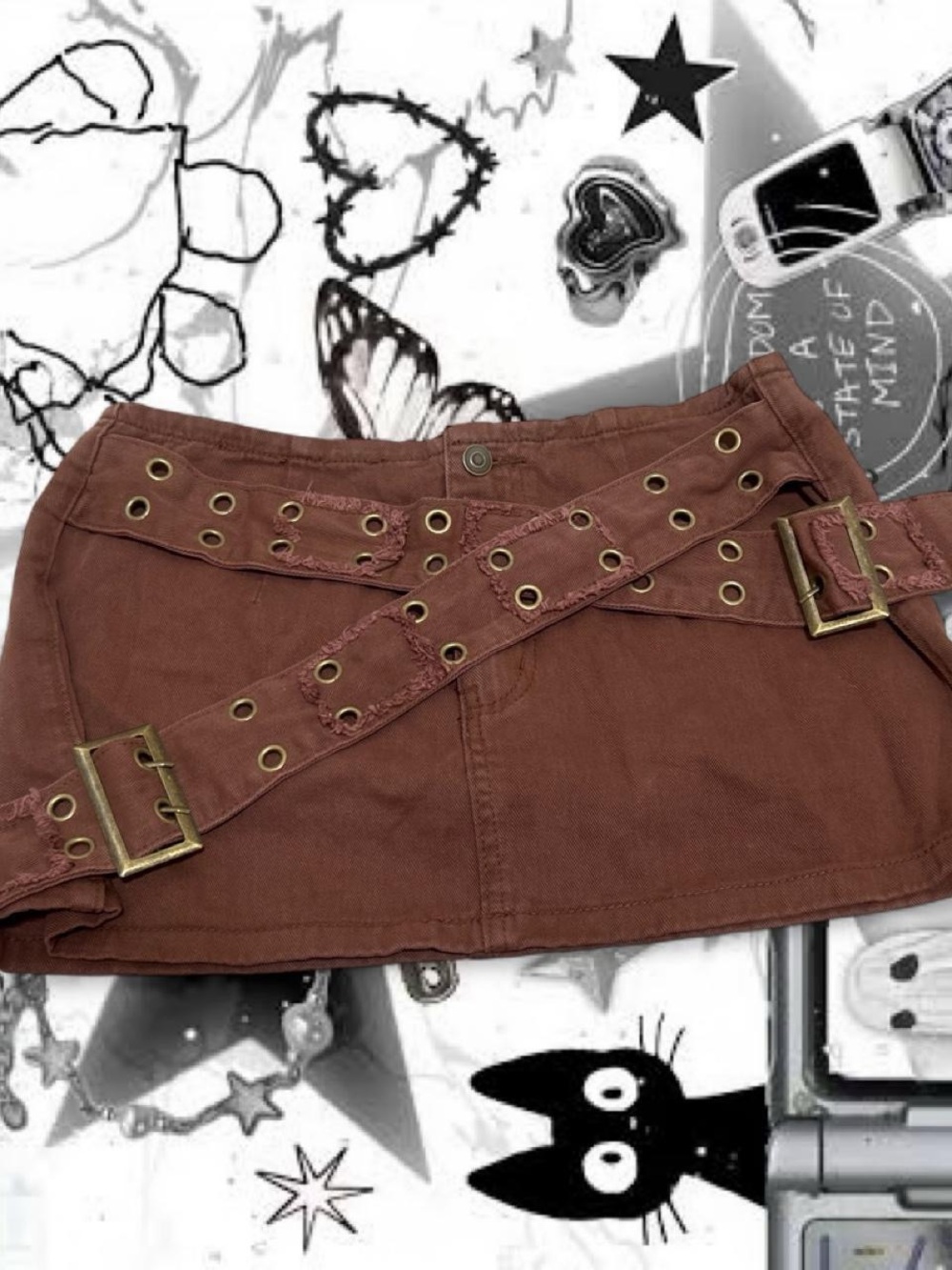 SHEIN Brown Mini Skirt with Double Grommet Belt